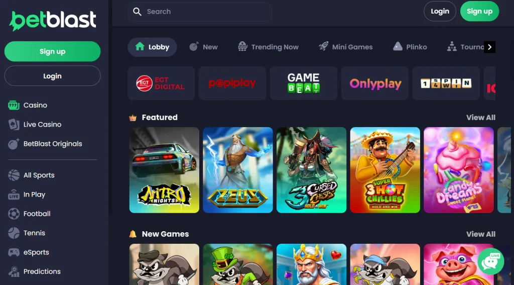 Current Betblast casino lobby showing game categories and provider navigation