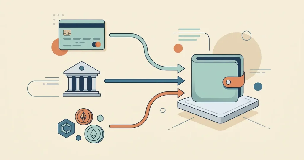 Illustration of card, bank transfer and cryptocurrency payment routes