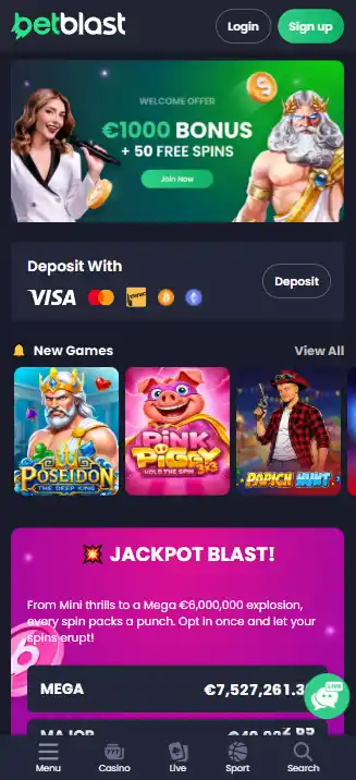 Real Betblast website shown at a mobile viewport