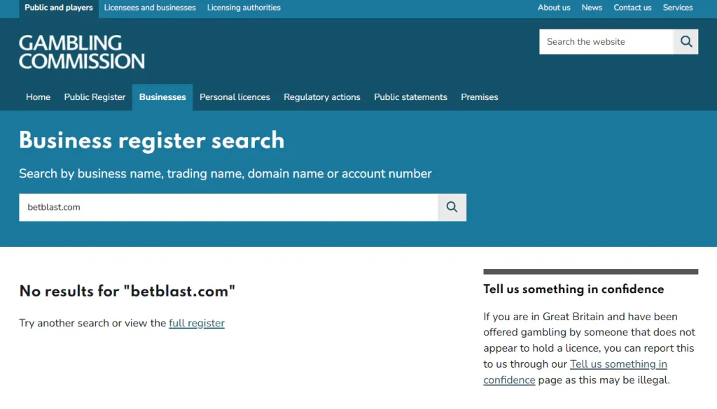 UK Gambling Commission public register showing the Betblast licence search