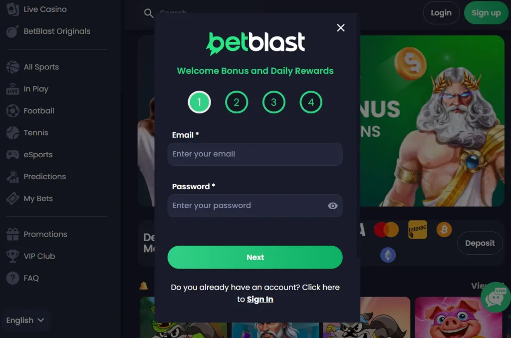 Real Betblast registration form shown from the official site