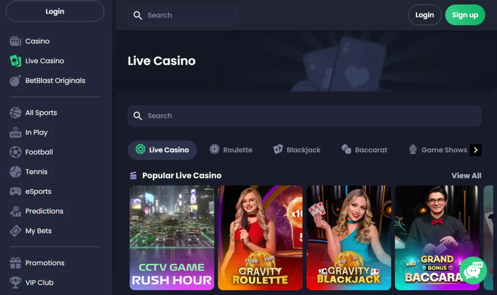 Current Betblast live casino lobby showing dealer tables and provider navigation
