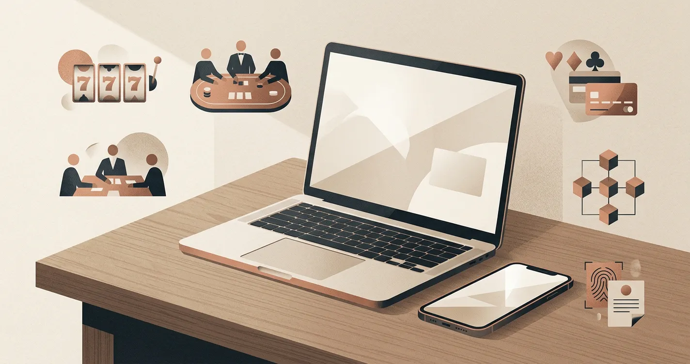 Illustration of a laptop and phone with casino games, payments and account controls