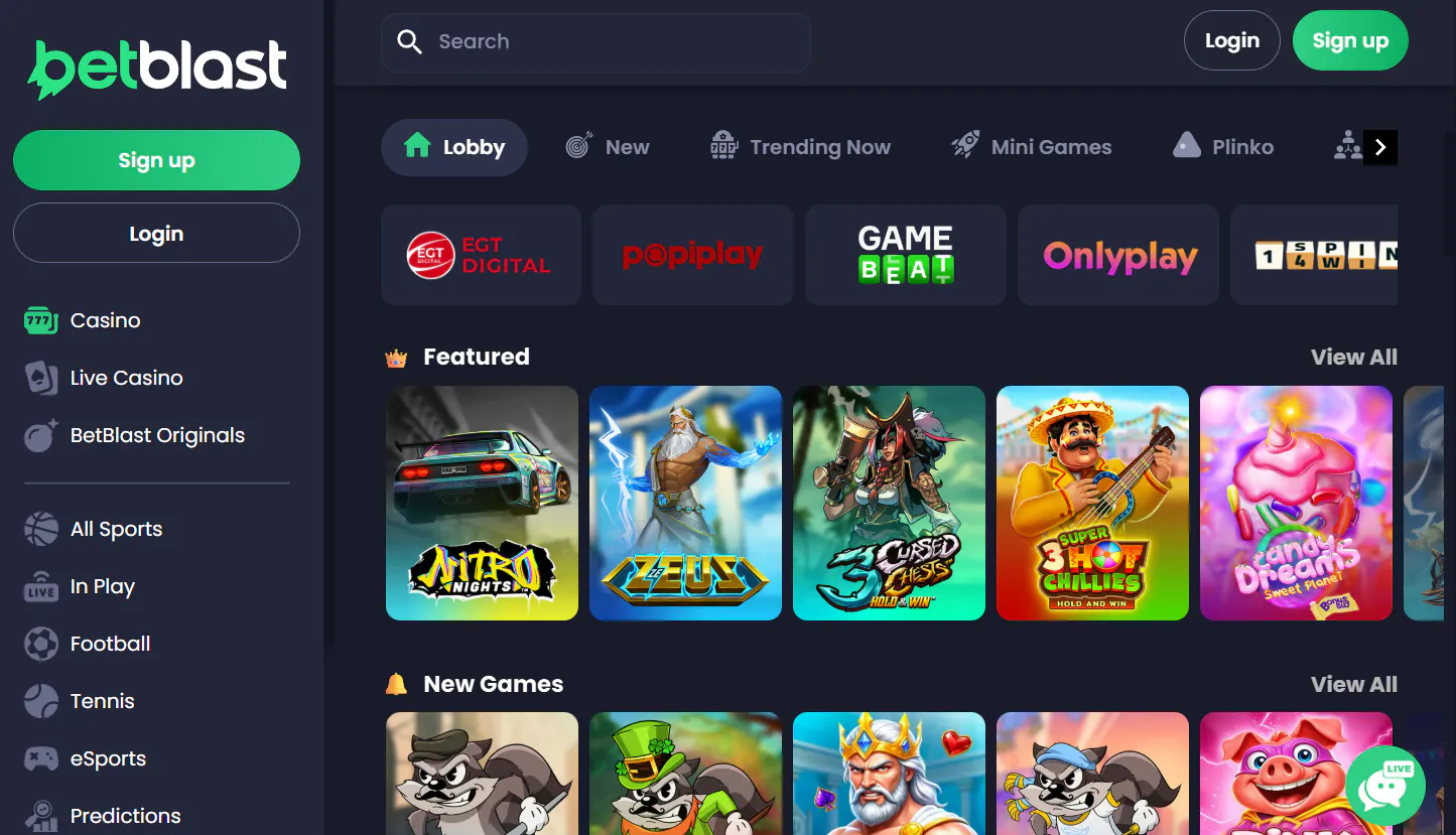 Current Betblast homepage or casino lobby interface